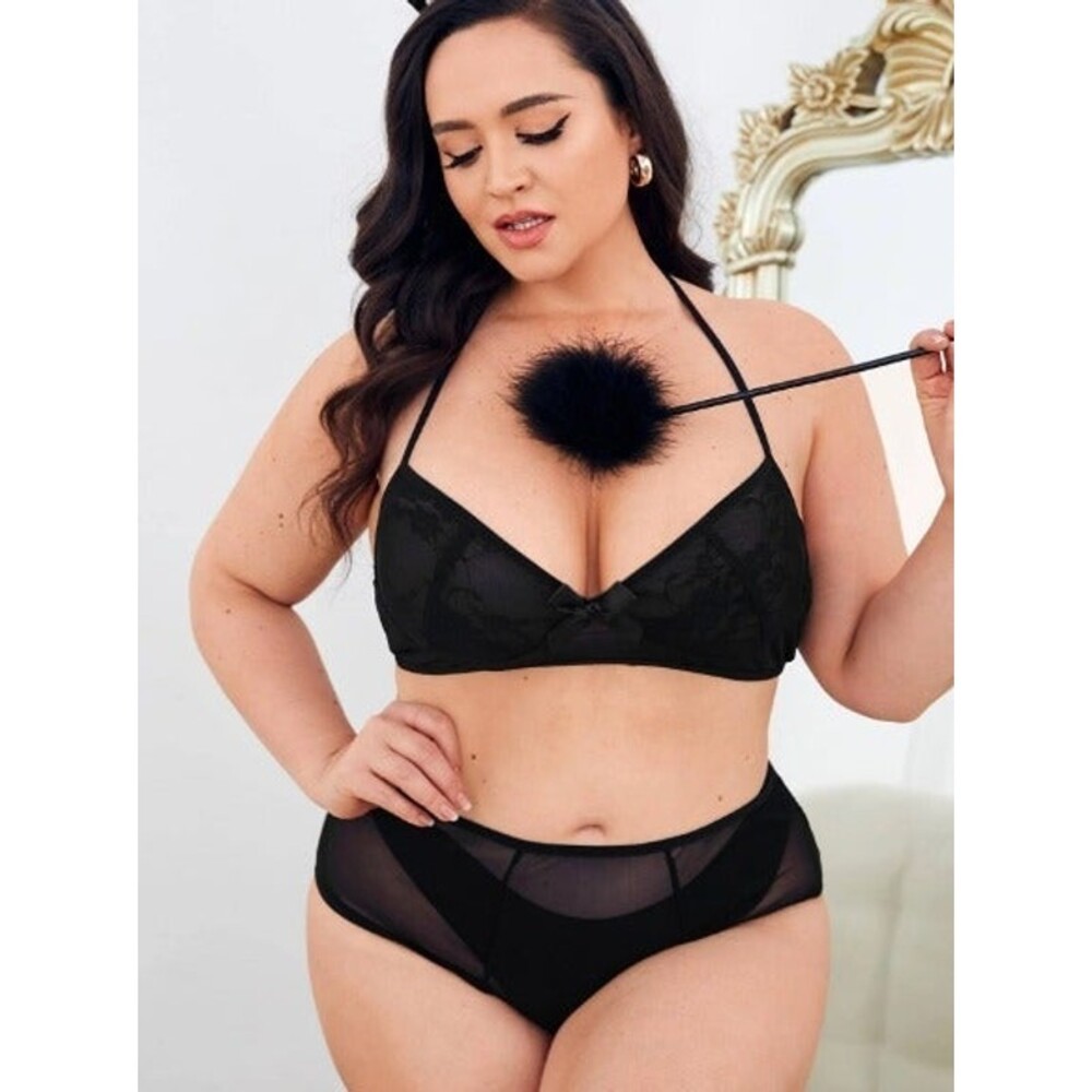 16 Plus (2X) 3 pc Tie Backless Mesh Animal Costume Lingerie Set W/O Liner